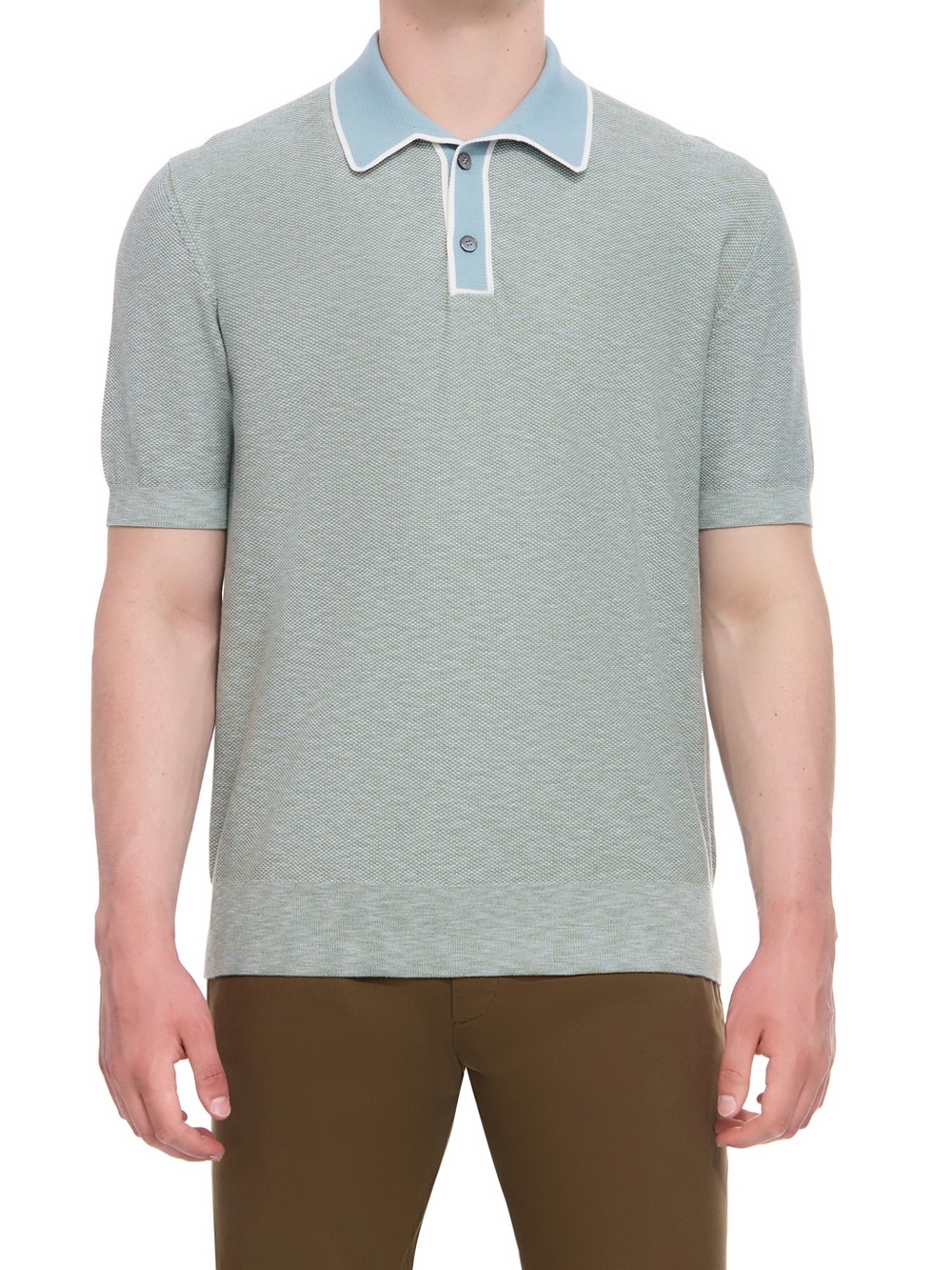 Men's Light Sage Knit Polo with Contrast Sky Blue Collar